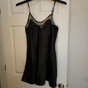 Sopre Lingerie Black Satin Slip Dress With Sheer Mesh Accents & Spaghetti Straps